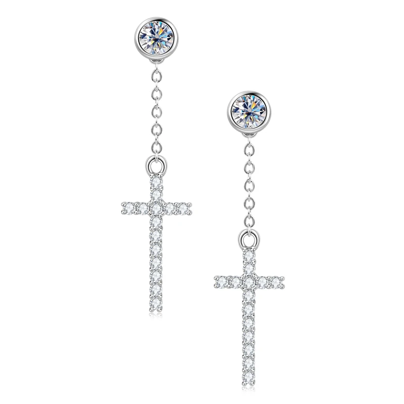 

KUGG Religion Cross Moissanite Stud Earrings For Men Women 100% Silver 925 D VVS1 Moissanite Tassel Chain Cross Drop Earrings