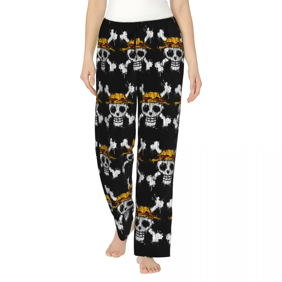 Pantalones de pijama de una pieza con estampado personalizado para mujer, sombrero de paja, Calavera pirata, ropa de dormir, pantalones de salón para dormir con bolsillos