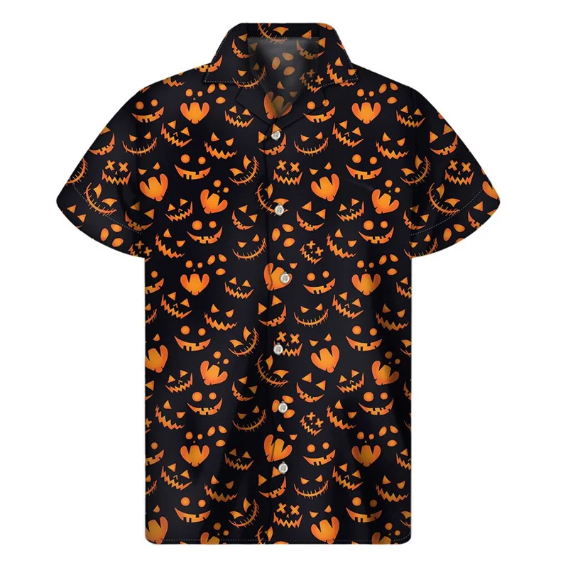 Fashion Men's Halloween Shirt Pumpkin Head Printed Shirts Cuban Collar Holiday Party Shirt Men's Casual Street Short Sleeved top