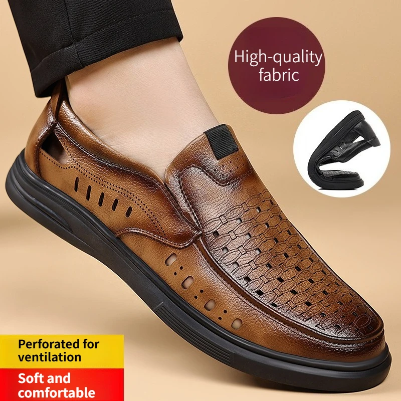 

Men Hollow Out Business Leather Shoes Slip on Soft Loafers Non Slip Cool Breathable Driving Shoes Flats Summer Men Walking Shoes