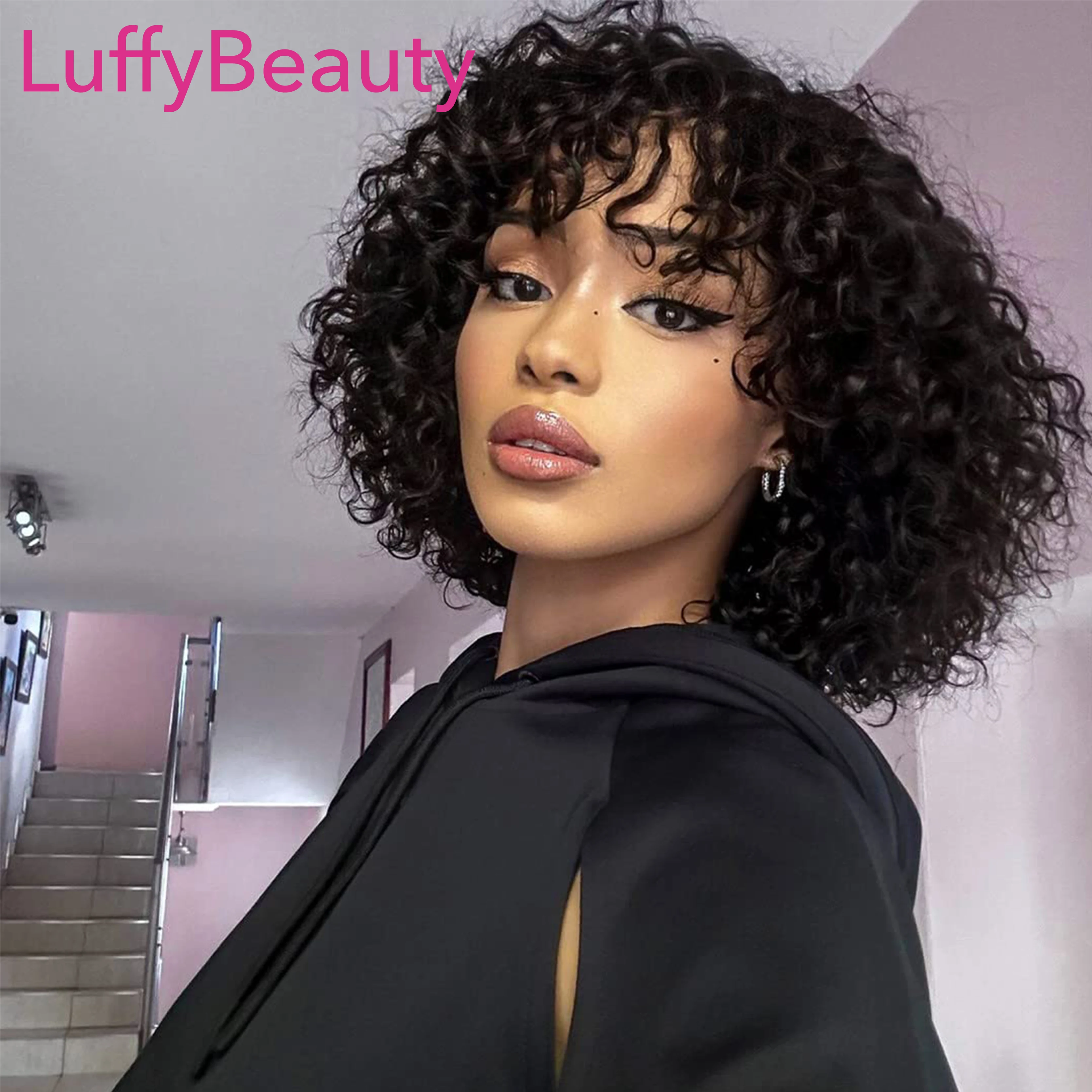 

Short Curly Bob Wig Human Hair With Bangs Glueless Scalp Top Full Machine Made Wig Curly Wig Brazilian Human Hair For Women