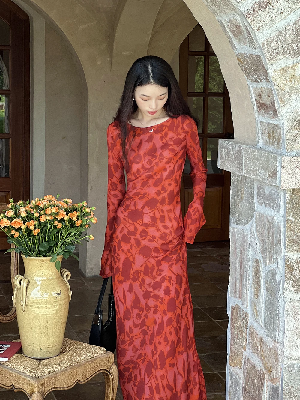 

Rose Print Long Sve Dr Women's Spring Summer New Slimming Lazy Sle Vaion Long Dr French Sle Midi Dr