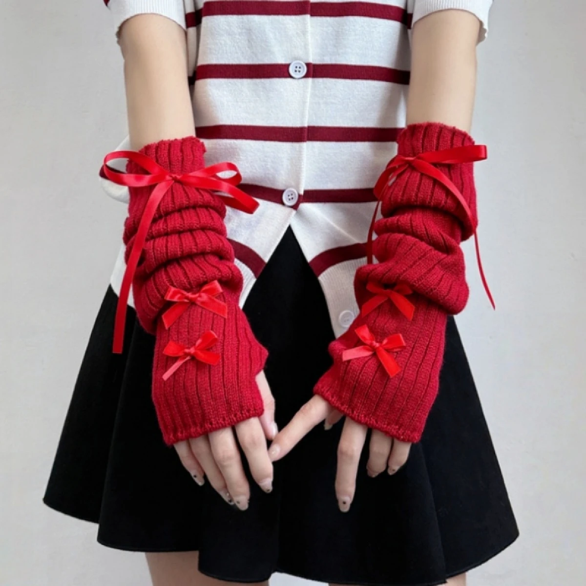 Knit Arm Warmers for Women Soft Cozy Bow Decor Winter Gloves