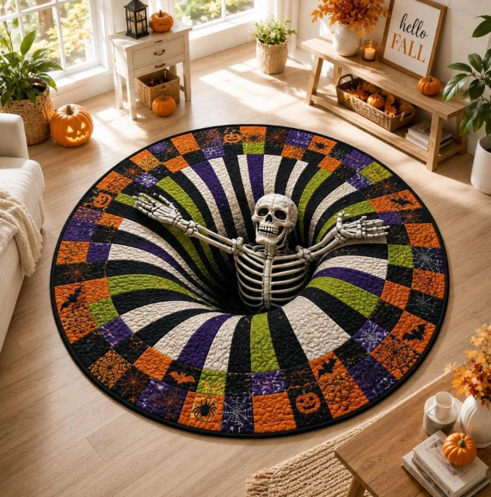 Spider Web Skeleton Halloween 3D Hole Area Rug Laundry Kitchen Hallway Home Decor Front Door Back Door Office Dining Round Mat