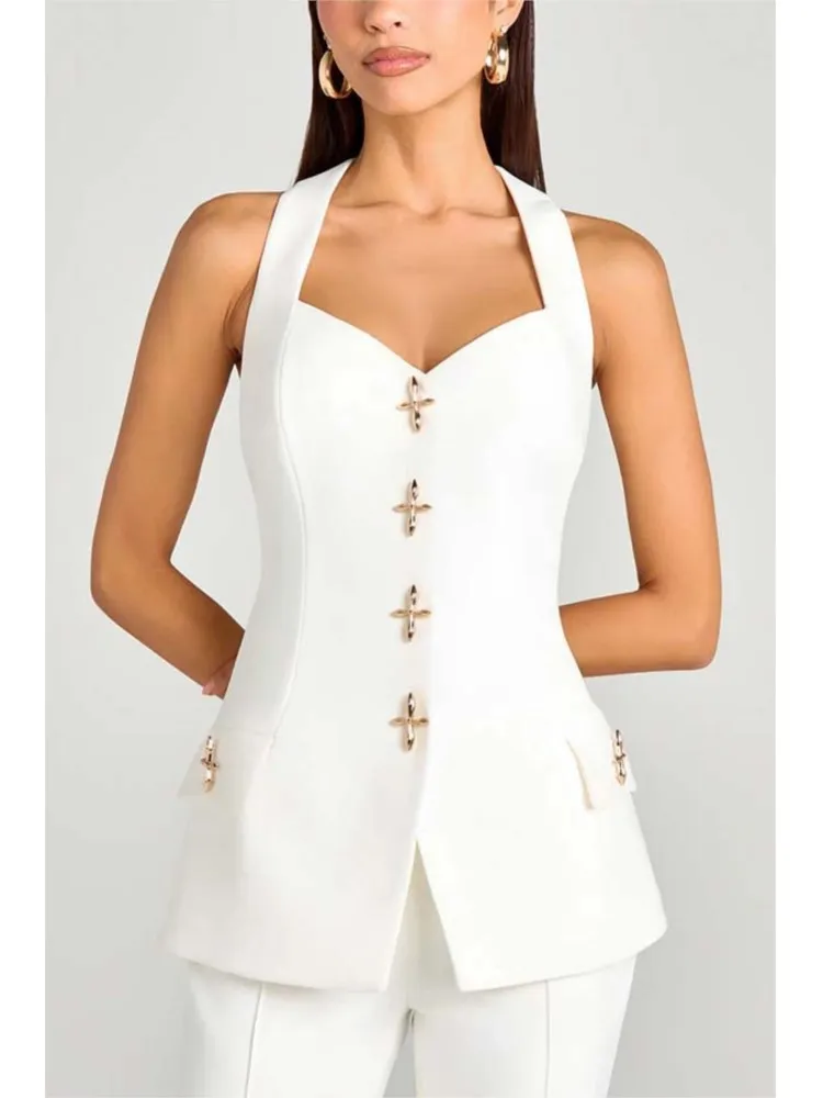 

Сексуальный костюм с v-образным вырезом, жилет для женщин, модные однотонные тонкие жилеты без рукавов на пуговицах, топы, женская элегантная офисная праздничная женская одежда, новинка