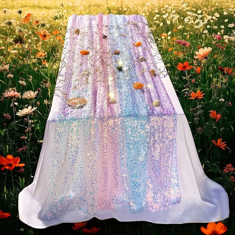 Mermaid Table Runner Iridescent Sequin Table Runner Glitter Sequin Tablecloth for Wedding Birthday Party Ceremony Supplies Decor