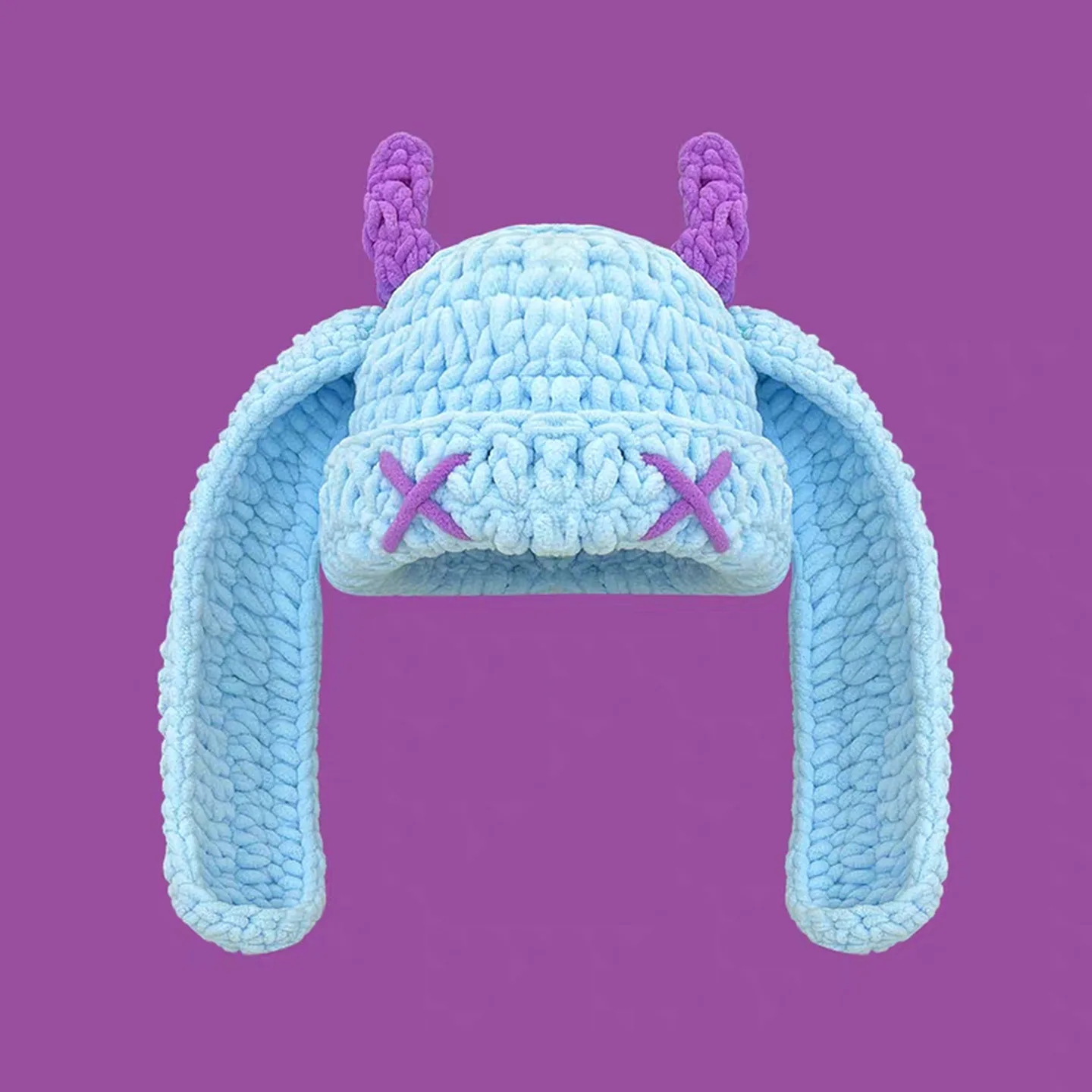 Cute And Funny Little Devil Long Ear Knitted Hat Autumn And Winter Warmth Ear Protection Handmade Cow Horn Hat