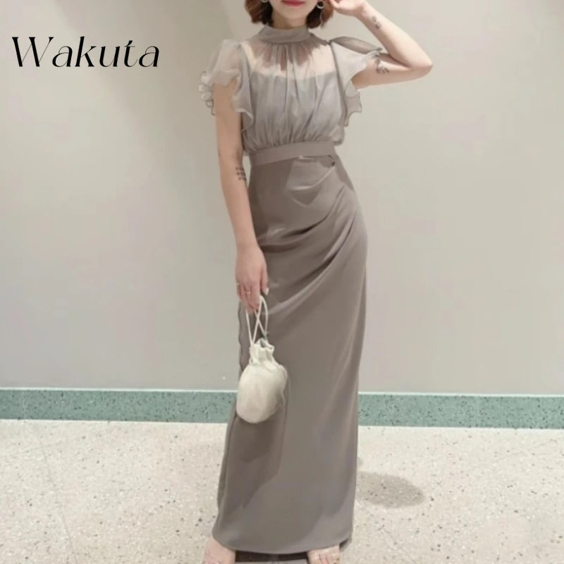

WAKUTA 2024 Japanese Spring/Summer Paper Man Style Slim Fit Beauty Short Sleeved Solid Color Dress Two Piece Set Dress for Women