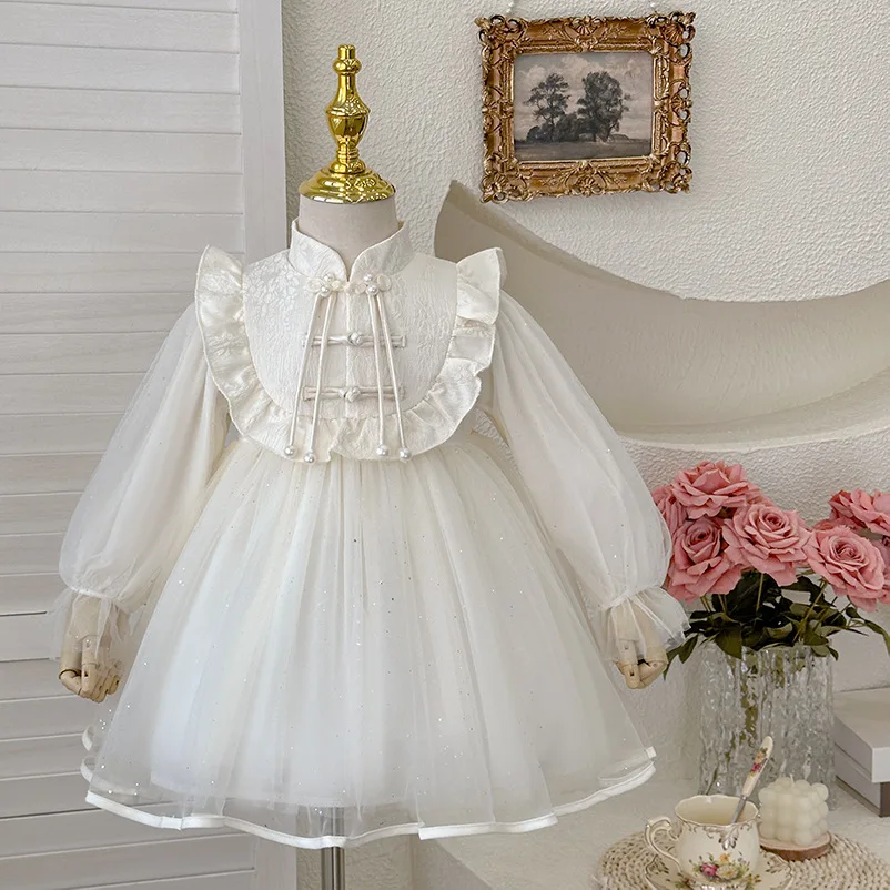 Girls' Dress 2026 Spring New Style New Chinese Style Buckle Children's Birthday Fluffy Princess Dress Trendy Mesh