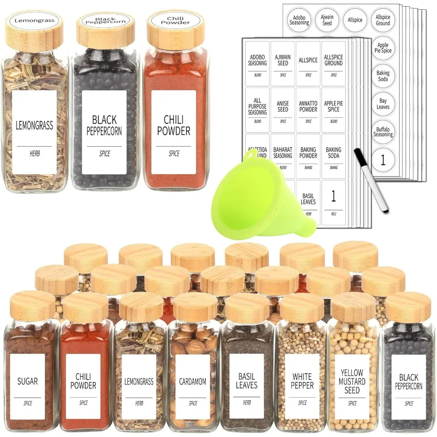 

SWOMMOLY 24 Pcs Glass Jars with Labels 8 oz Spice Bottles with Bamboo Lids Empty Shaker Containers with 366 White Labels Chalk