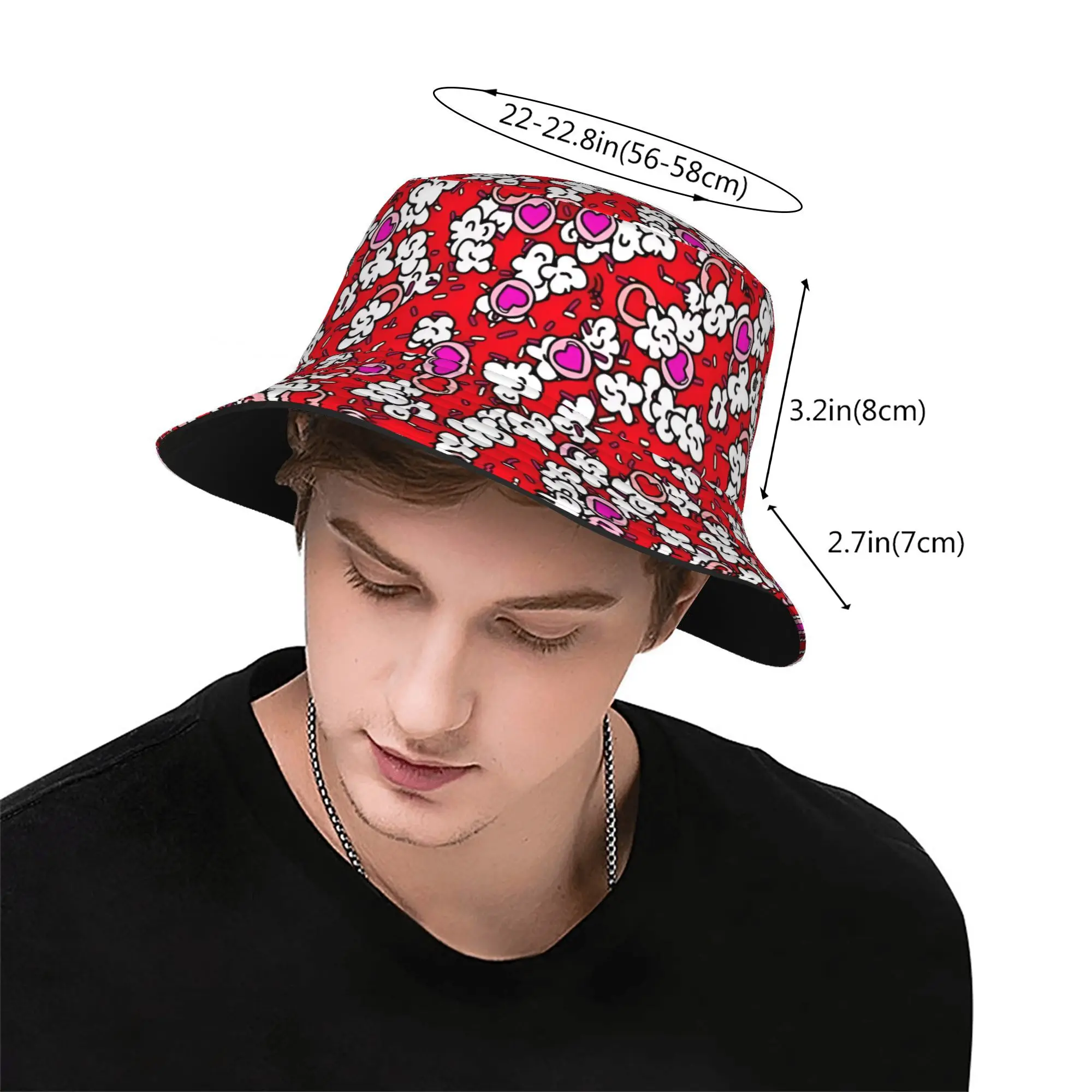 Red Heart Popcorn Rain Fully Printed Fisherman Hat Unisex Outdoor Sun Hat Sun Fashionable Bucket Hat Is The Perfect Choice