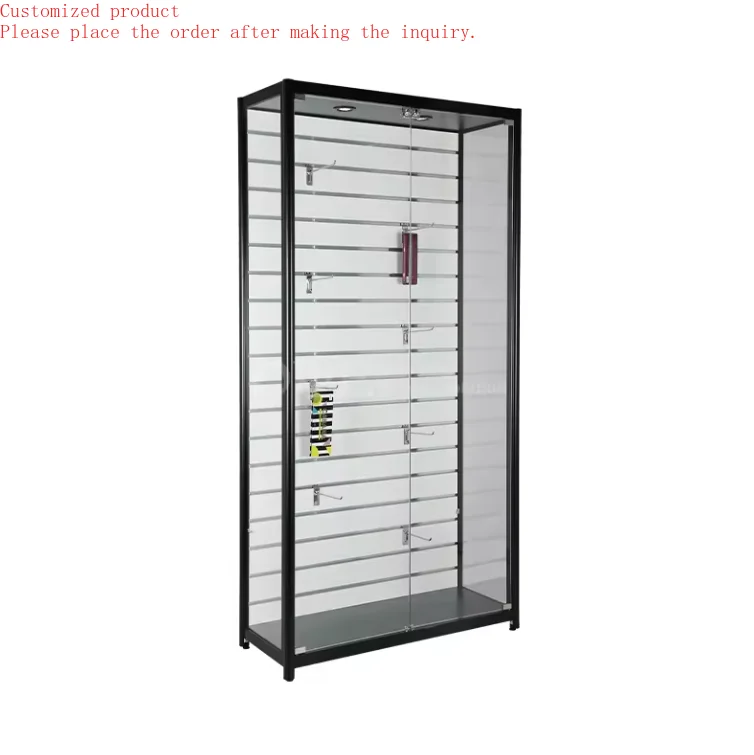 

Custom.Aluminium Frame Slatwall Back Panel Display Cabinet with Glass Door and LED Light for Phone Accessories