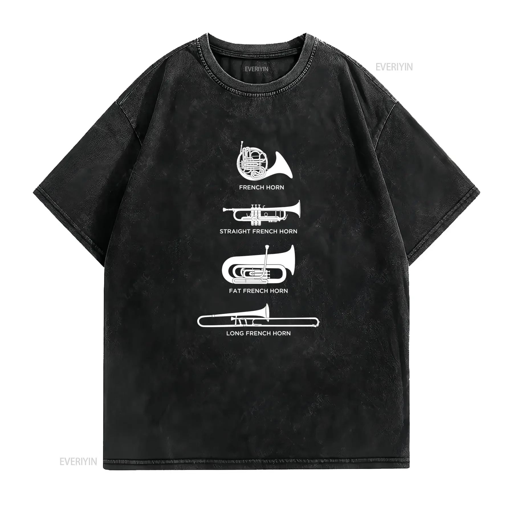 Camiseta divertida con tipos de trompa francesa Cuello redondo casual tejido ligeramente elástico corte regular patrón vintage