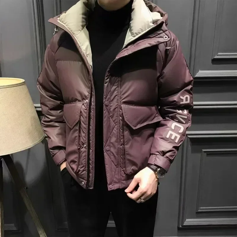 Korean New Male Thickened Warm Hooded Trend Outwear  No Washing Required Large Size Outcoat High-End Men Down Jacket Winter