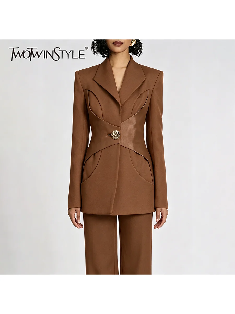 TWOTWINSTYLE Solid Spliced Pocket Slimming Jacket for Women Lapel Collar Long Sleeve Patchwork Button Temperament Jackets Female