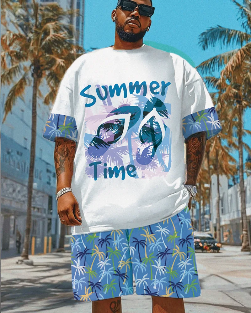 

S-9XL Men's Large Size Holiday Coconut Tree Print Short Sleeve T-shirt Shorts Two-piece Set
