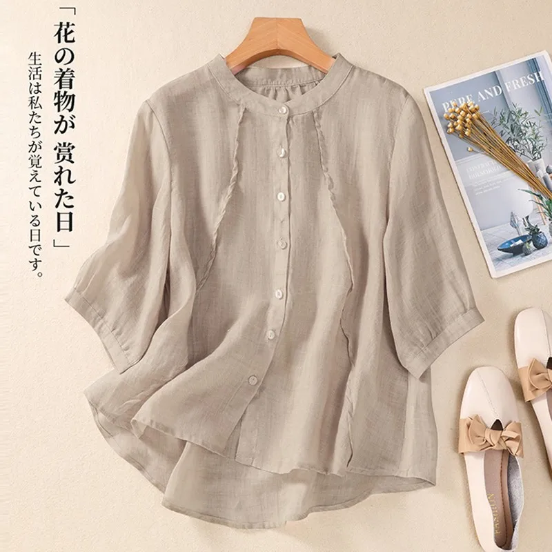 Women Casual Cotton Shirt New 2024 Summer Vintage Style Stand Collar Solid Color Loose Female Half Sleeve Tops Shirts B3724