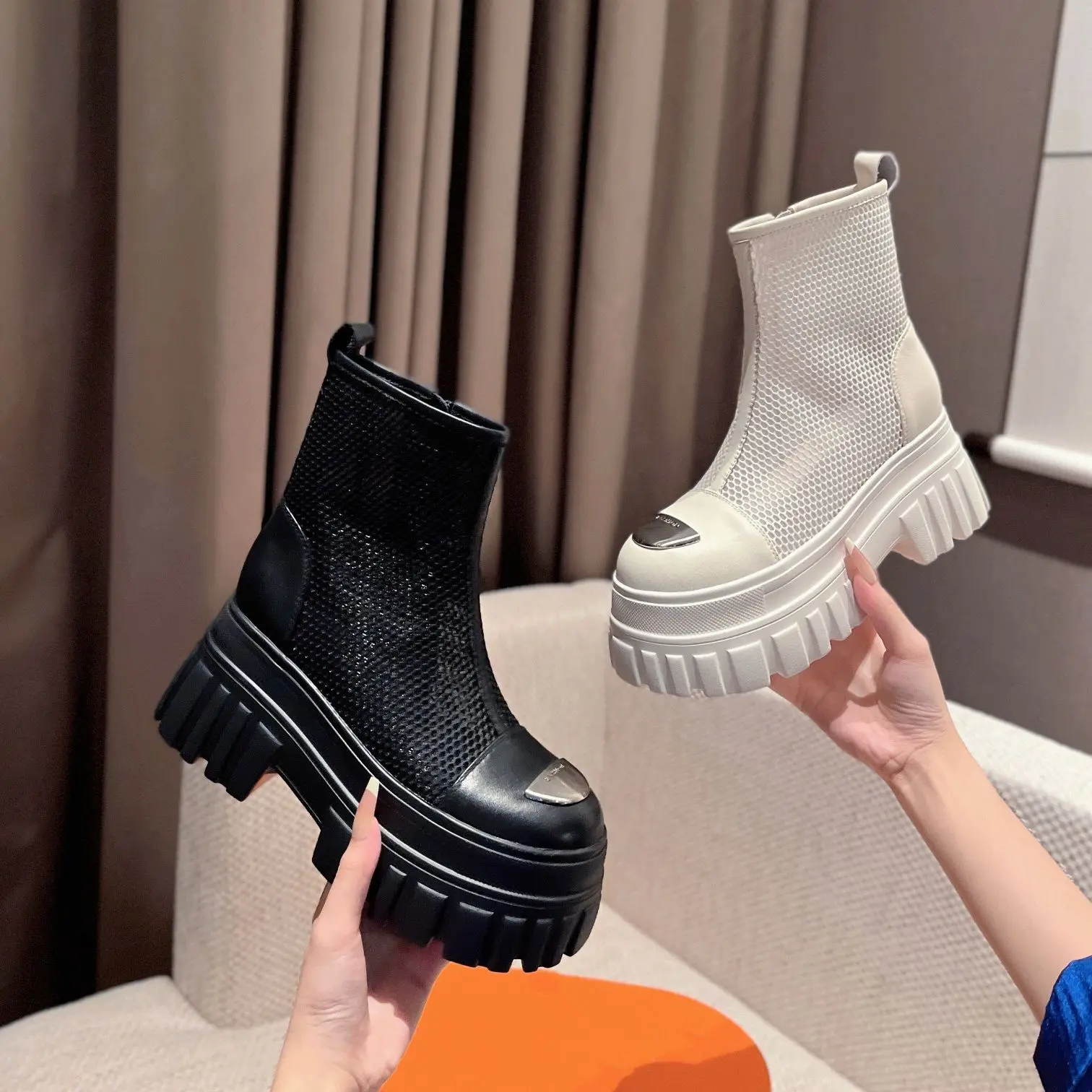 

Женские сетчатые ботинки из натуральной кожи, на высоком каблуке и платформе