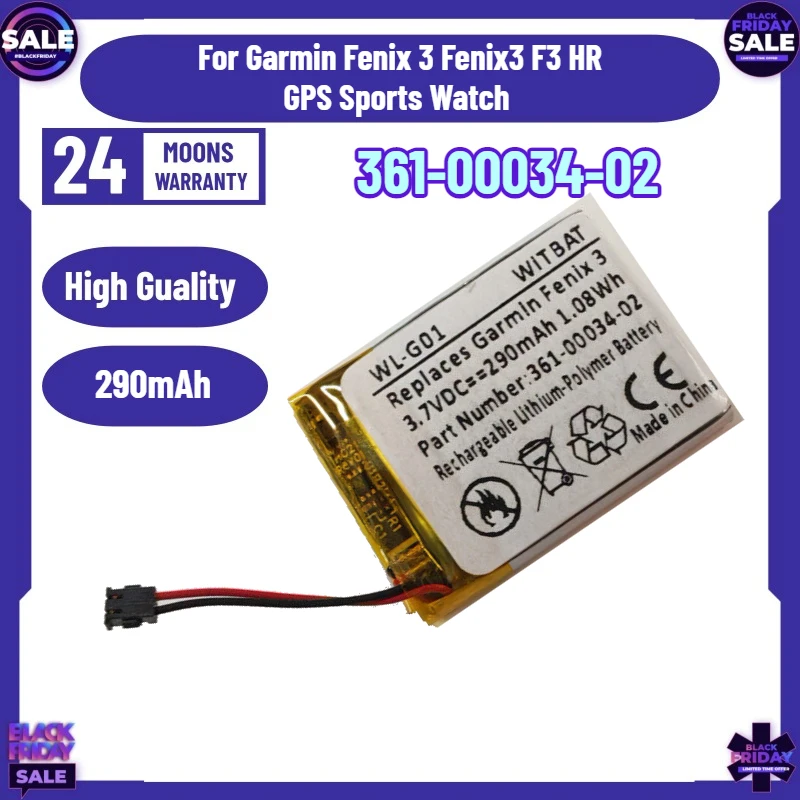 

New Battery 361-00034-02 290mAh Replacement Watch Battery For Garmin Fenix 3 Fenix3 F3 HR GPS Sports Watch