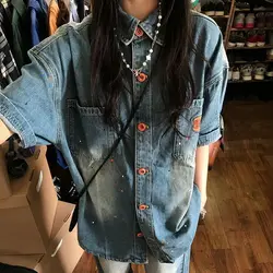 American Retro Harajuku Style Streetwear Short Sleeve Denim Shirt Jacket Lapel Loose Casual Chic Blue Jeans Jacket Top for Women