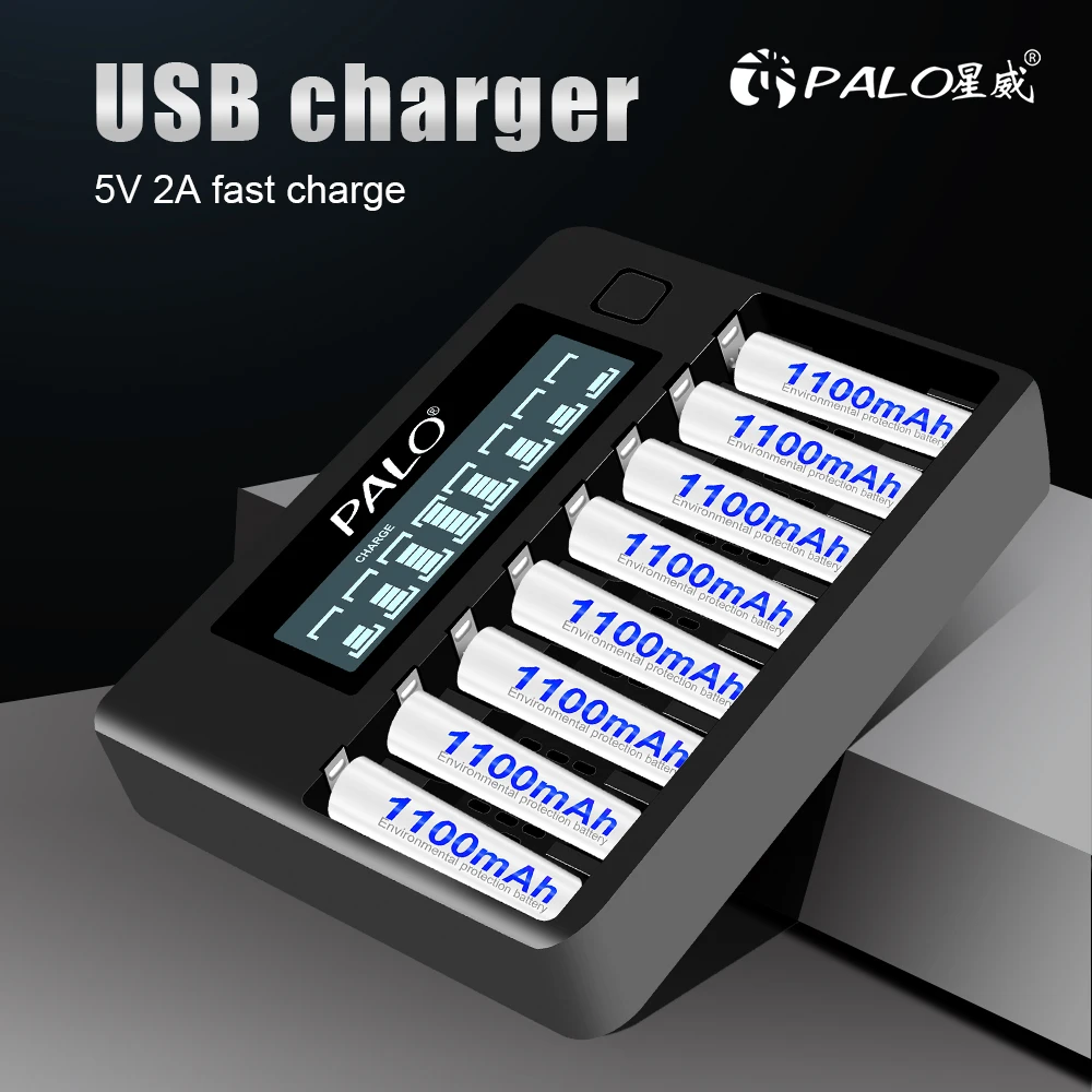 PALO AAA rechargeable batteries 1.2V AAA battery 3A aaa 1100mAh with 8slots Smart Fast Battery charger for 1.2V AA/AAA battery