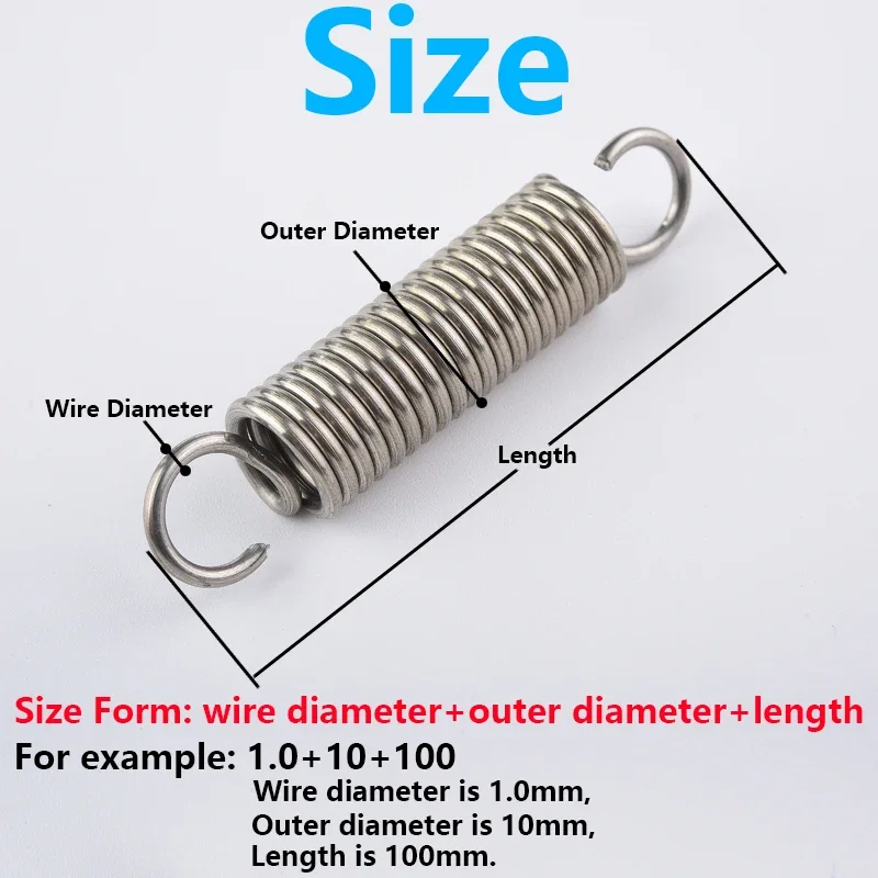 65MN Mola Aço Tensão Extensão Expansão Molas, Comprimento Diâmetro do fio 2.0mm, 1.5mm Comprimento, 60-300mm, 1Pc