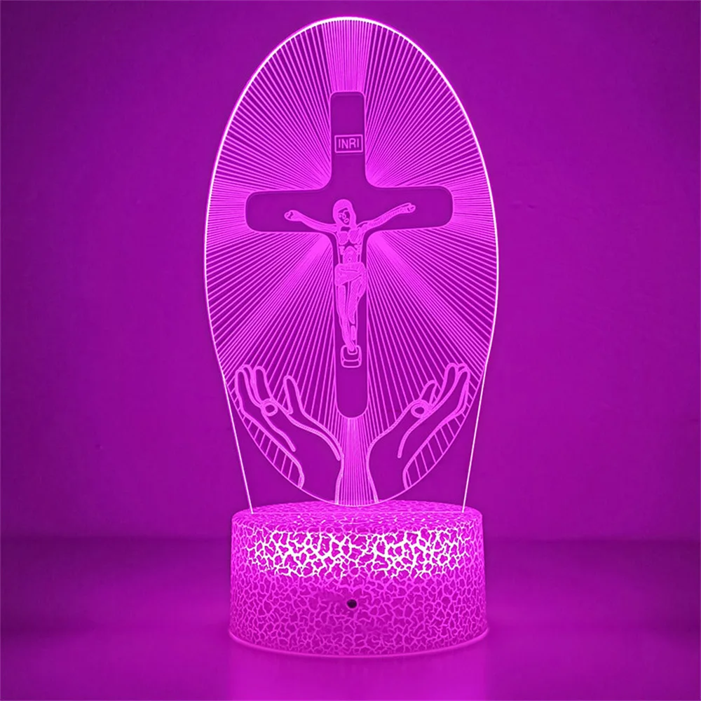 Jesus Cross 3D LED Night Light for Friends Xmas Easter Room Decor Gifts Crucifix Optical Illusion Desk Table Lamp Nightlight