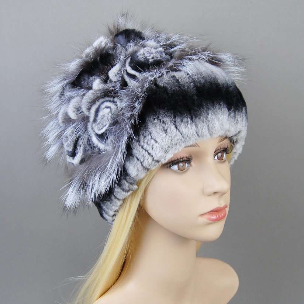 Women\'s Winter Fur Hat Natural Fur Knitted Real Rex Rabbit Fur Hats New Style Luxury Women Winter Silver Fox Fur Hat beanies