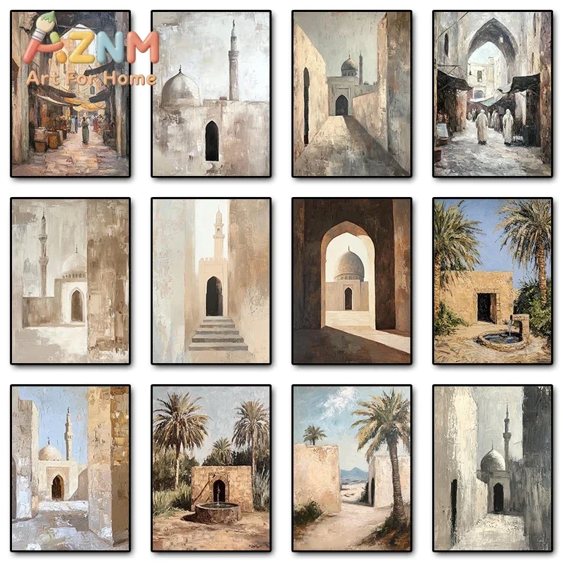 AZNM Vintage Islamic Architecture Canvas Wall Art Mosque Palm Tree Old Market Street Frameless Print Poster for Living Room Home
