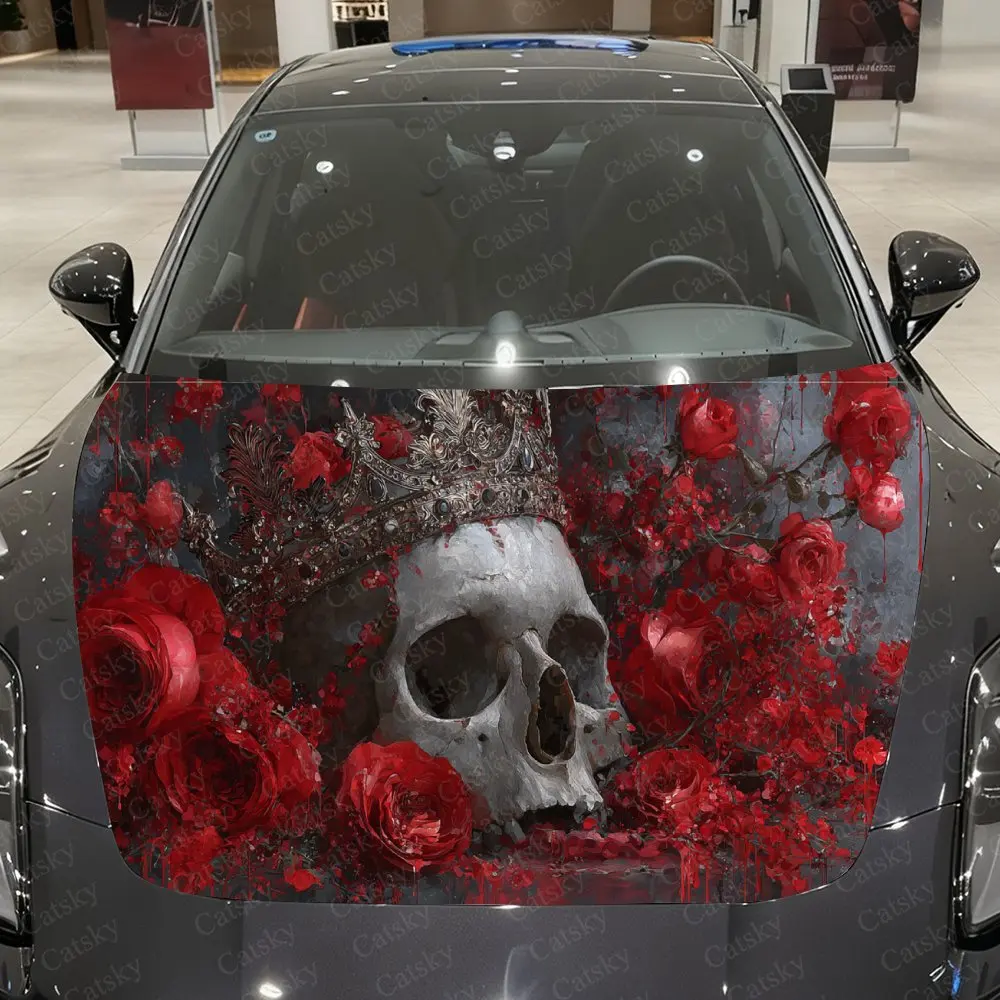 غلاف فينيل للسيارة على شكل جمجمة وردية، ملصق غطاء محرك السيارة المقاوم للماء من مادة PVC، ملصقات ذاتية اللصق مقاومة للخدش لتغطية المحرك