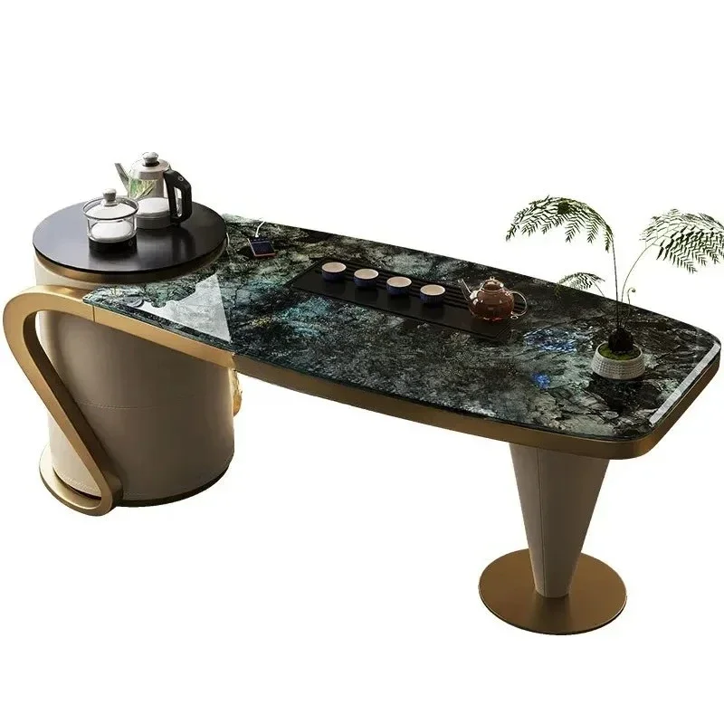 

Blue jadeite luxury stone tea table desk integrated natural marble high-end balcony tea table