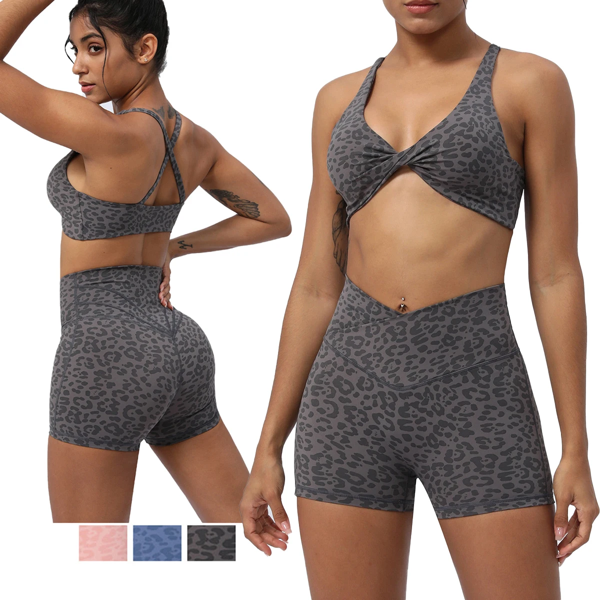 Women Workout Outfit Leopard Yoga Set Sports Bra Fitness High Waist Gym Shorts Spandex Women Tracksuit Breathable Running Suit