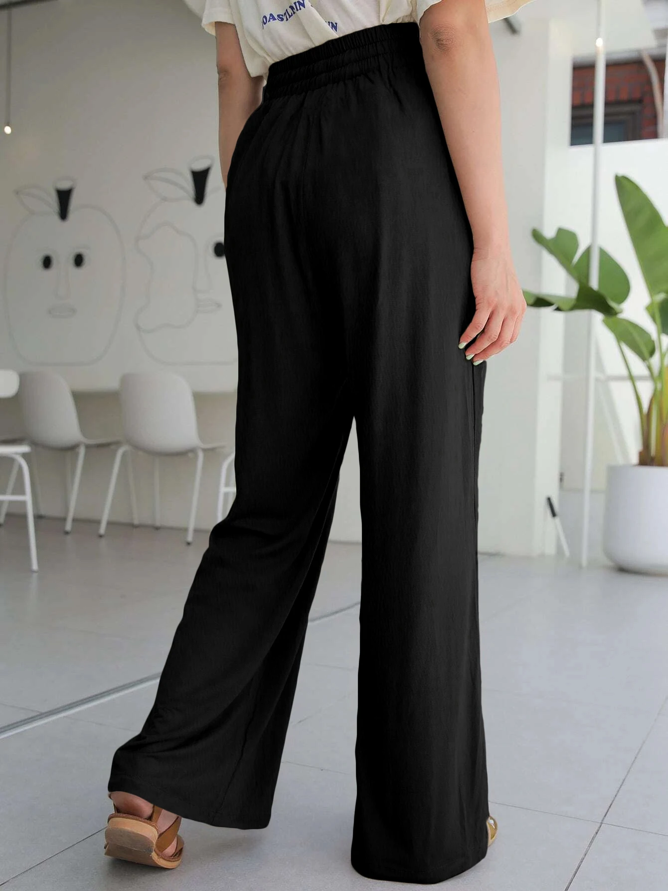 Women Fashion Elastic Waist Wide Leg Long Trousers Casual Solid Color Loose Female Elegant All Match Pants New