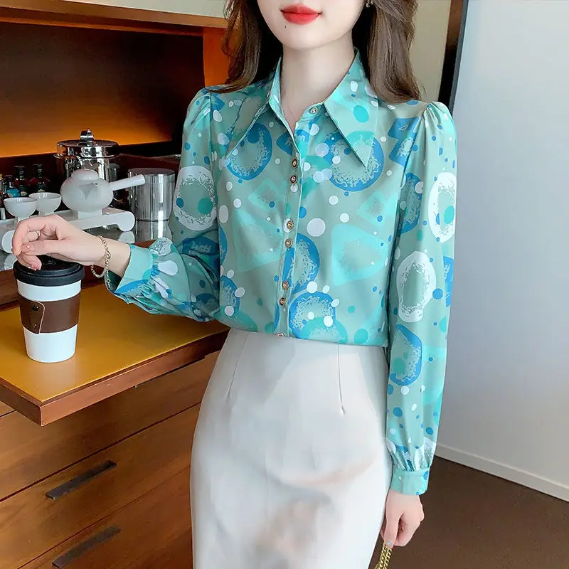 Casual Korean Women's Printed Long Sleeve Blouse Autumn Fashion All-match Turn-down Collar Button Spliced Shirt Female Clothing