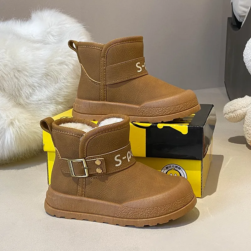 

Детские зимние ботинки, зимние теплые модные ботинки из искусственной кожи для детей, повседневная хлопковая обувь, ботильоны для мальчиков и девочек с пряжкой-ремешком