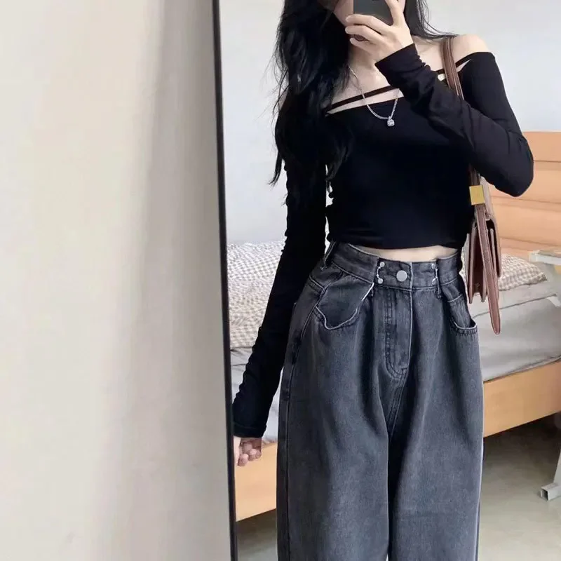 Hohe Taille, verstellbare Taille, Schnalle, Denim-Jeans, Damen, lässig, gerades Bein, weites Bein, bodenlange Hose, Herbst, Schwarz, Grau