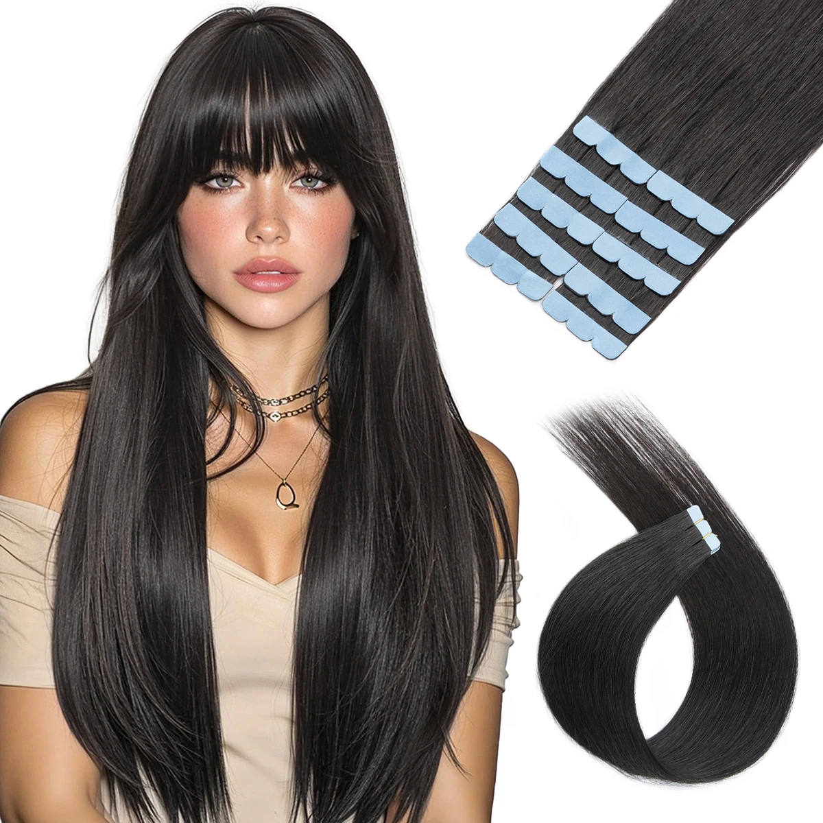 

#1B Natural Black Mini Tape in Hair Extensions Human Hair 3x0.8cm Tape Ins 360° Movement For Add Side Hair Volume Only 10pcs