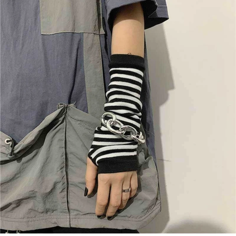 Black Punk Long Fingerless Gloves Women's Elbow Gloves Y2k Pink Striped Cuff For Women Men Hip-hop Glove 2023 Arm Warmer Mitten