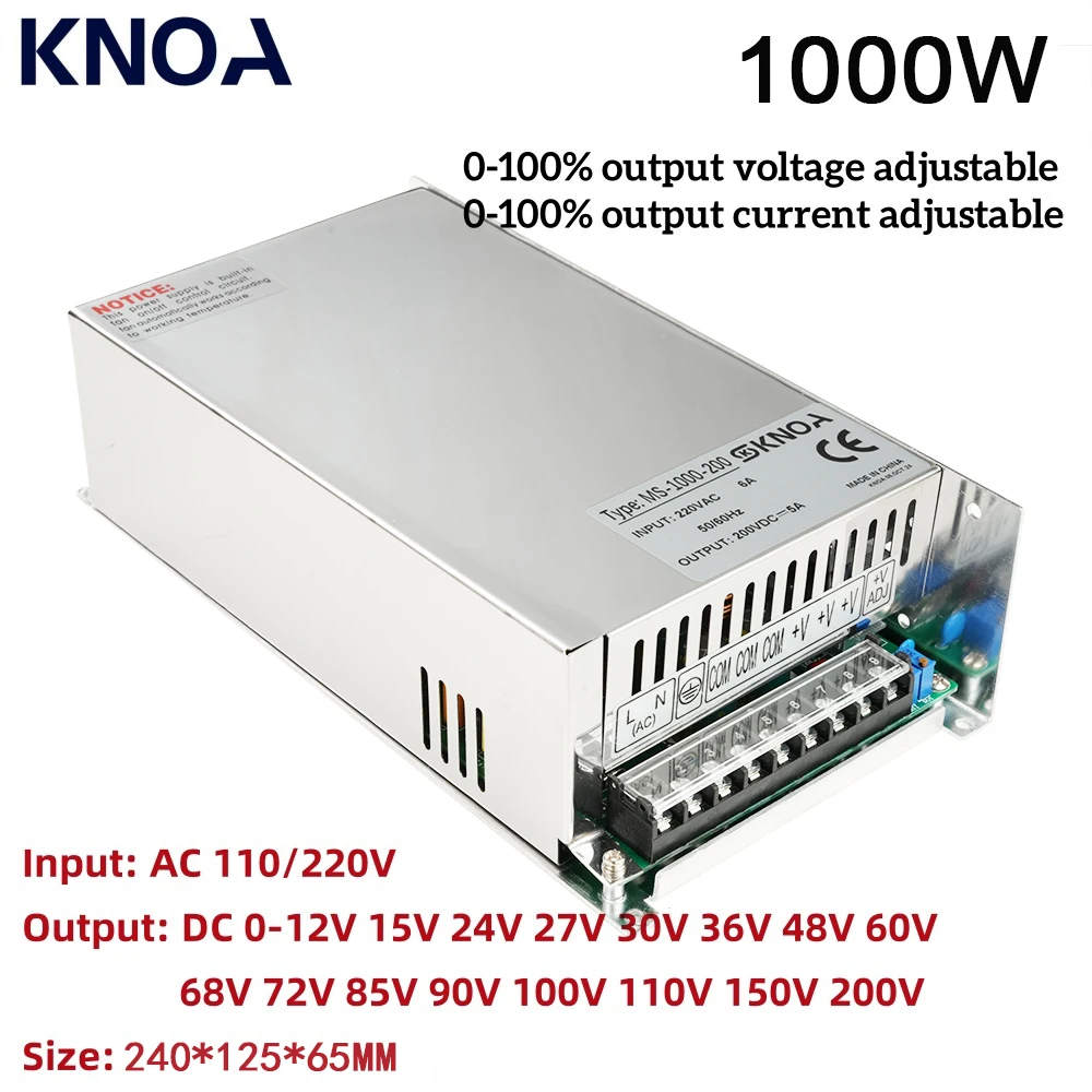 

Adjustable 1000W Switching Power Supply 0-12V 13.5V 15V 24V 36V 48V 60V 72V 85V 100V 150V 200V 110/220V AC to DC Industrial SMPS