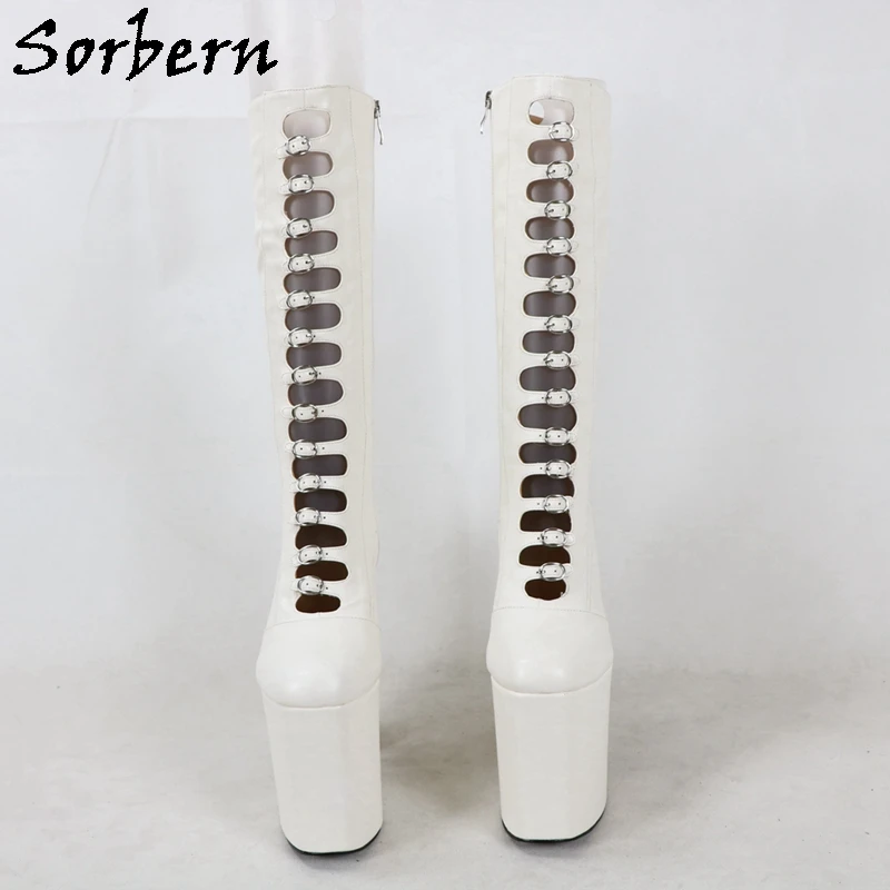 Sorbern Ivory White Knee High Boots Gladiator Style Block High Heel Visible Platform Buckles Custom Fetish Drag Queen Shoes