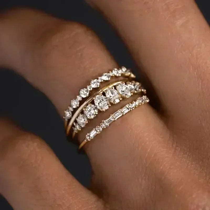 New sweet romantic accessories, gold-plated zircon four-piece women\'s ring, fashion set jewelry.