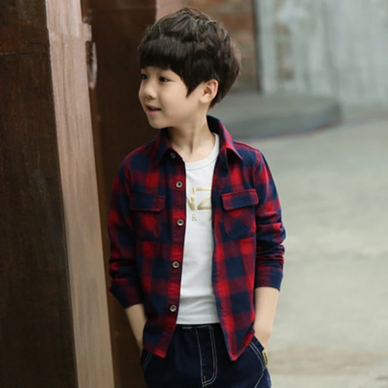 

Turn Down Collar School Shirts For Boys Kids Clothes 3-13 Years Teens Long Sleeve Plaid Shirt Boy Uniforms Children Teenage Tops