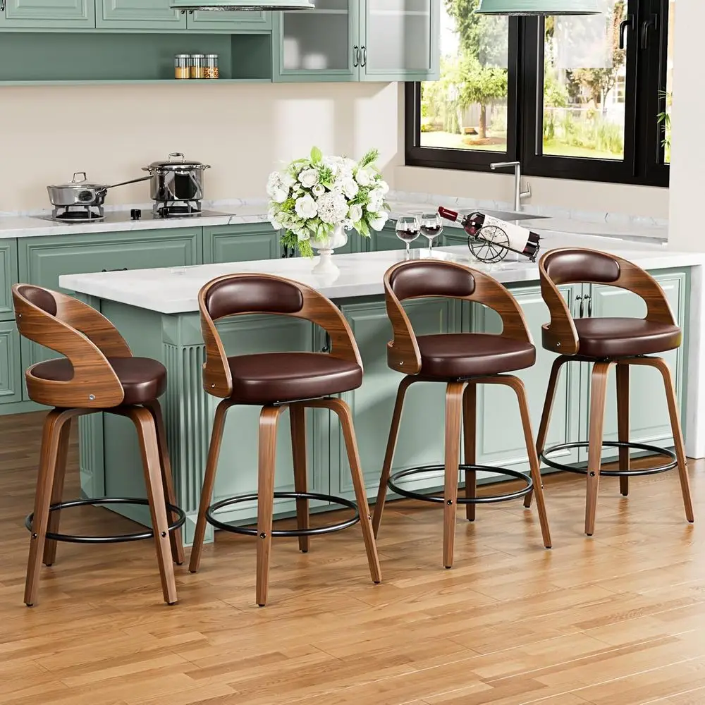 

Set of 4 26 Swivel Counter Height Barstools with Bentwood Legs, Brown Leather Upholstered Chairs for Kitchen Island or Restauran
