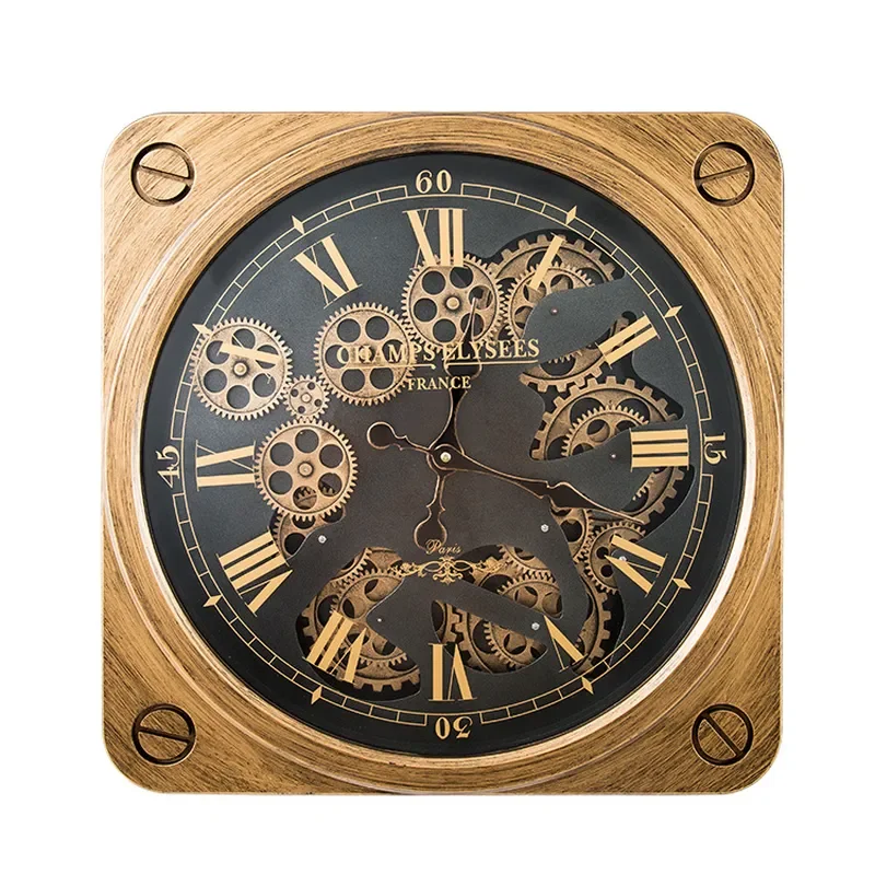 European art retro wall clock, plastic gear wall clock, American creative living room decorative quartz clock wholesale