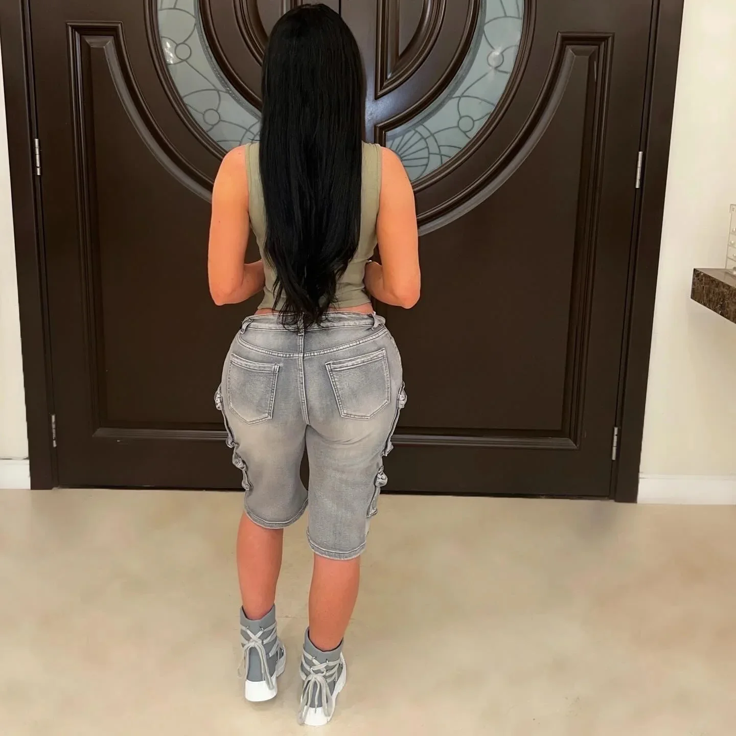 Pantaloni da donna in denim Mezza lunghezza Jeans da mamma Pantaloni a gamba larga Pantaloni dritti a vita alta Y2k Streetwear Tasca Splice Casual Allentato