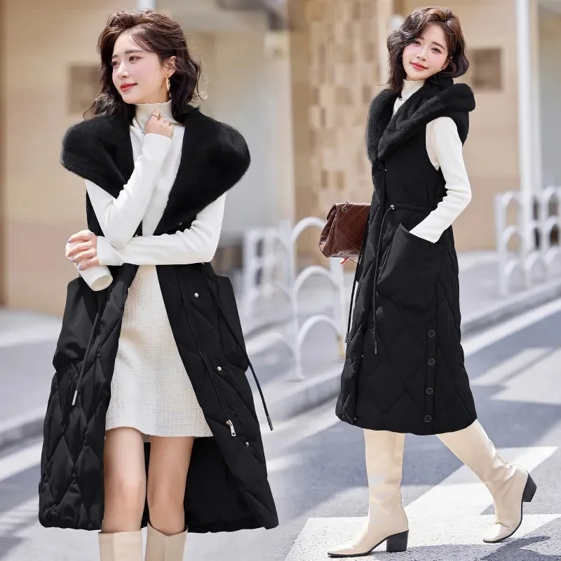 2024 Oversized Cotton Vests Sleeveless Coat Women Autumn Winter Hooded Waistcoat Puffer Parkas Long Warm Down Cotton Outwear