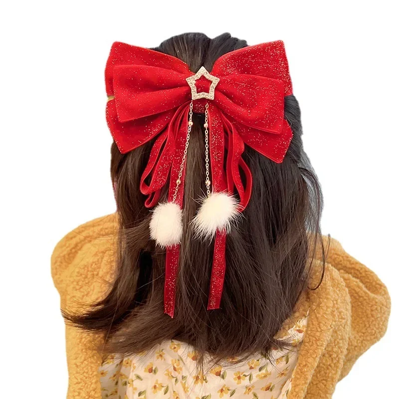 Red Velvet Bows Hair Ribbons Scrunchies Women Girls Long Elastic Hair Ties Headwears Female Kids Styling Tools New Year Decor