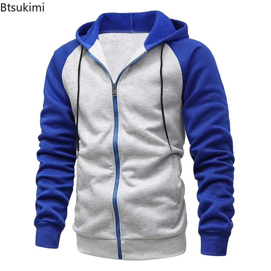 New 2025 Men's Casual Hooded Jackets Autumn Winter Fleece Zipper Hoodies Coats for Men Fashion Patchwork Sweatshirts with Pocket