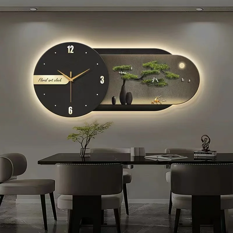 New Chinese style clock restaurant decoration painting restaurant wall clock painting welcomes guests pine wood living room LED