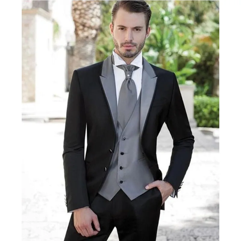 

Grey Silver Men Suits Wedding Suits For Groom Tuxedos (Jacket+Pants+Vest) Three Pieces Groomsmen Suits Regular Big Sizes